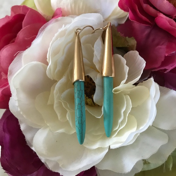 Gold and Turquoise Dangle Earrings - Picture 2 of 5